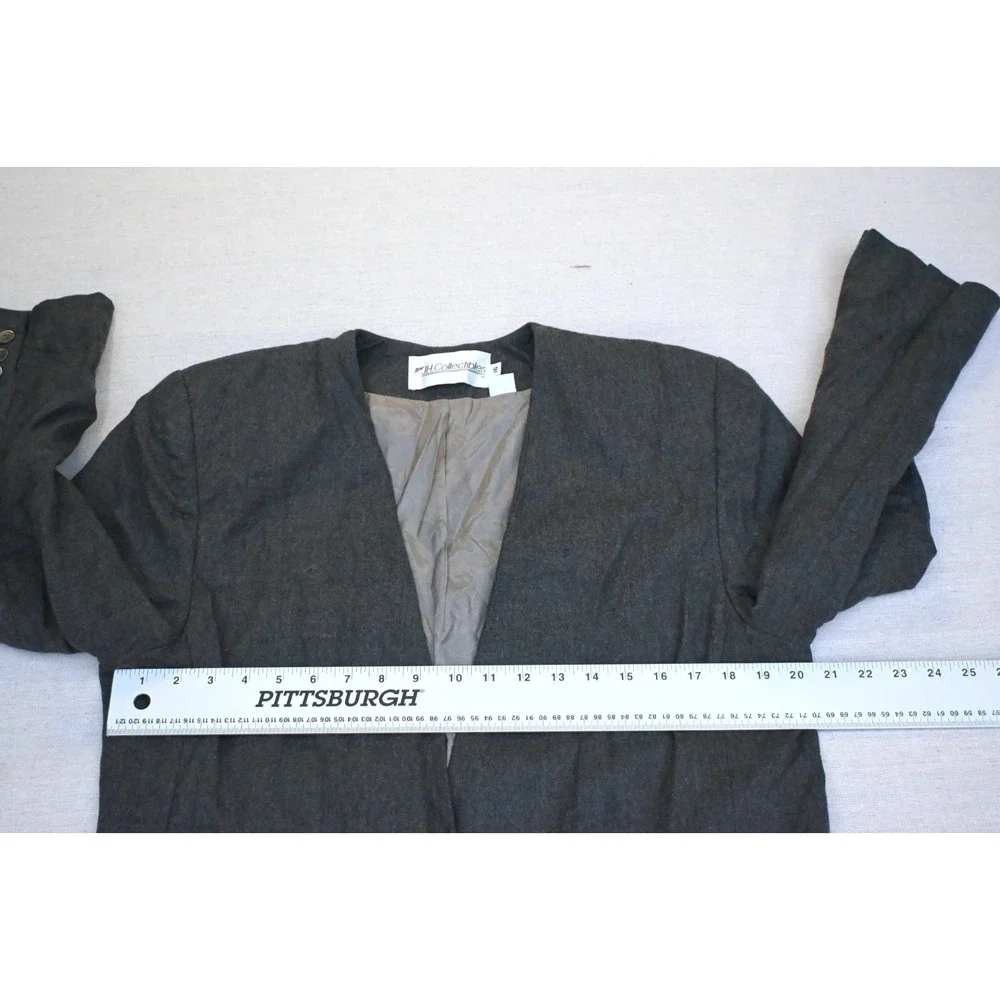 Vintage JH Collectibles Womens 16 100% Wool Collarless Blazer Charcoal Classic